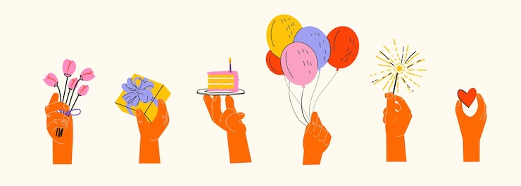Vector 손을 들고 생일 요소 세트 다양한 파티 물건 다채로운 휴가 물건 선물 케이크