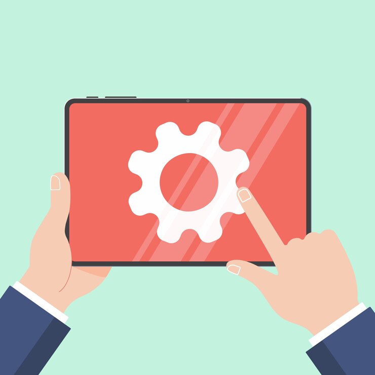 Vector hands holding black tablet device isolated on light blue background pad tablet in humans hands