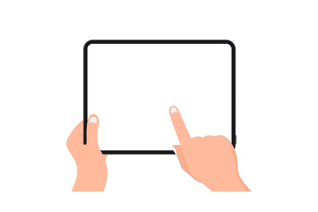 Vector hands holding black tablet with blank screen on white background. human hand using digital tablet and finger touch screen. template mockup tablet pc with blank screen. design for web site, mobile app