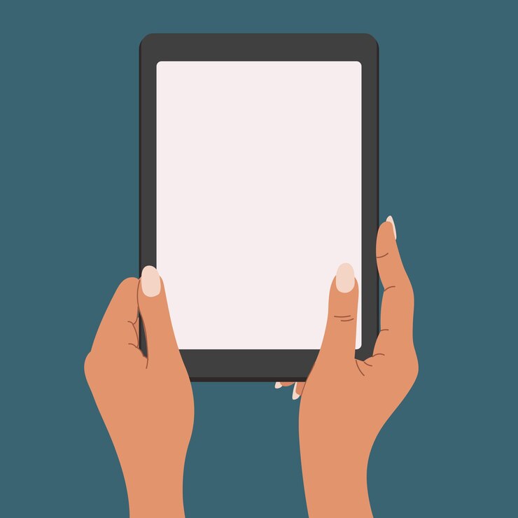 Vector hands holding a blank screen of a tablet computer tablet pc use flat design vector