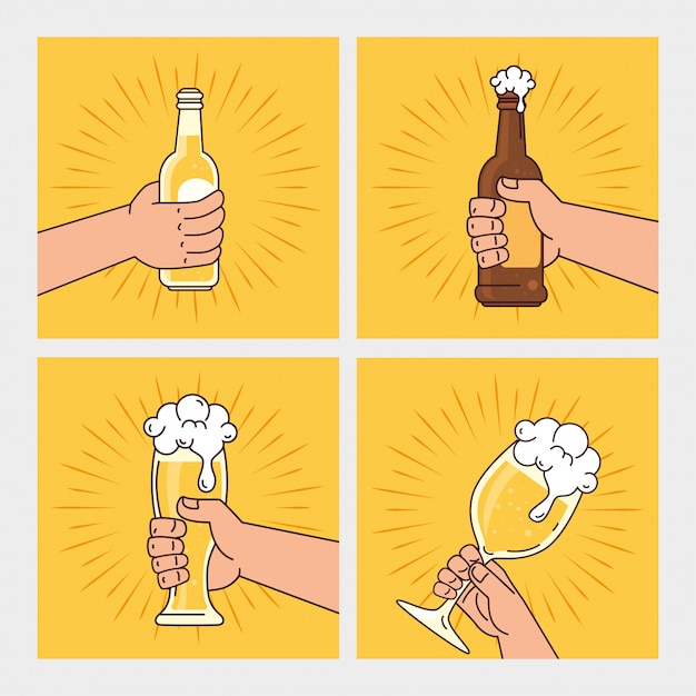 Vettore mani che tengono bottiglie, vetro e tazza di birre, su sfondo giallo