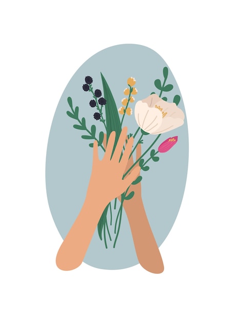 Vector hands holding bouquets or bunches of blooming flowers vector illustration