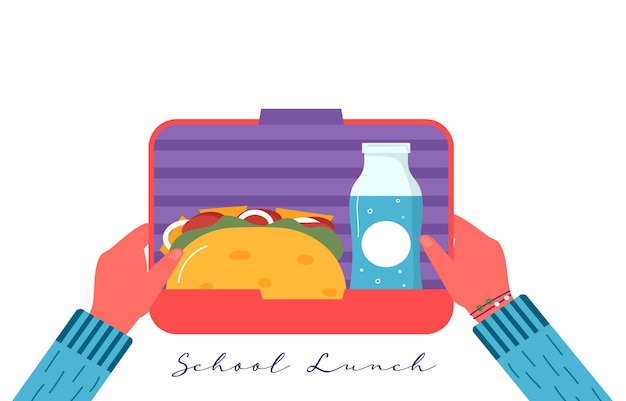 Hands holding breakfast or lunch meals. food, drinks for children school lunch boxes with egg, meal, tomato, sandwich, juice, snacks, fruit, vegetables.vector trendy