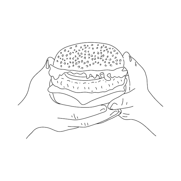 Hands holding a burger Hamburger or sandwich outline sketch Fast food concept Vector