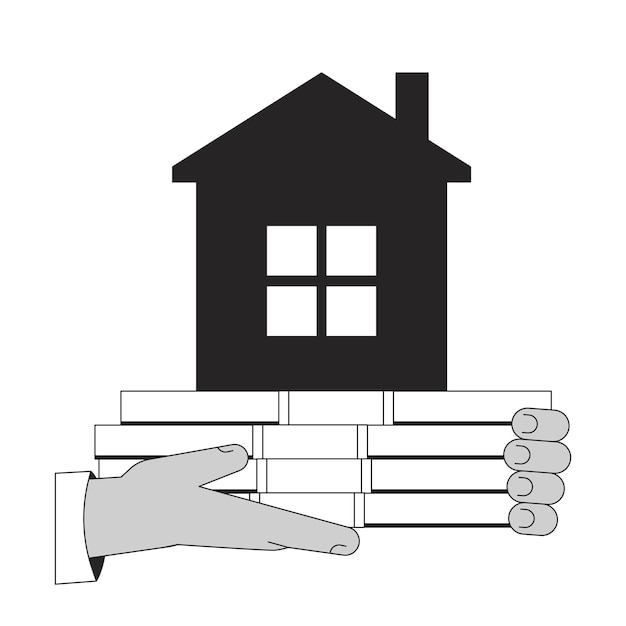 Hands holding cash ond house flat monochrome isolated vector object Mortgage on property Editable black and white line art drawing Simple outline spot illustration for web graphic design