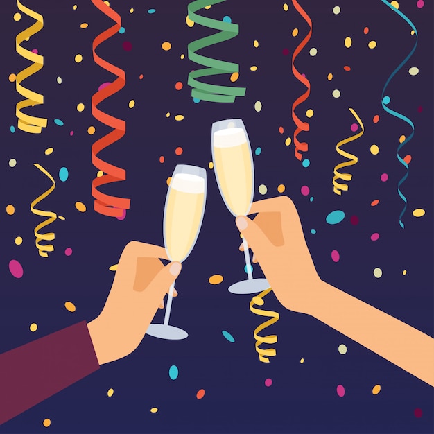 Hands holding champagne glasses, celebrating.