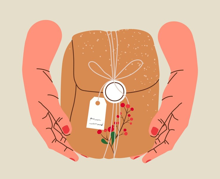 Vector hands holding christmas gift in craft paper with tag and berries.present box in craft wrapping paper