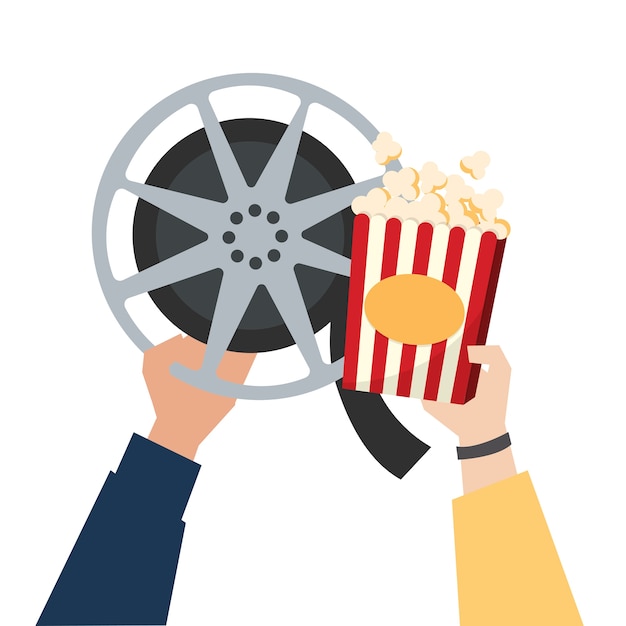 Vector hands holding cinema themed items illustration