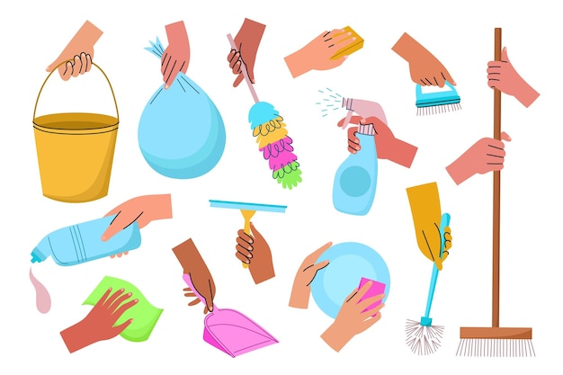 Mani che tengono i prodotti per la pulizia braccio umano nel processo di lavoro domestico spazzole mop e stracci rimozione dei rifiuti e set di vettori per il lavaggio dei piatti