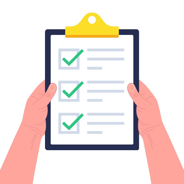 Hands holding clipboard with checklist. Concept of Survey, quiz, to-do list or agreement.  illustration.