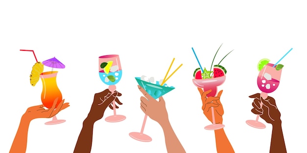 Vector hands holding cocktail glasses on a white background celebration poster concept and web banner