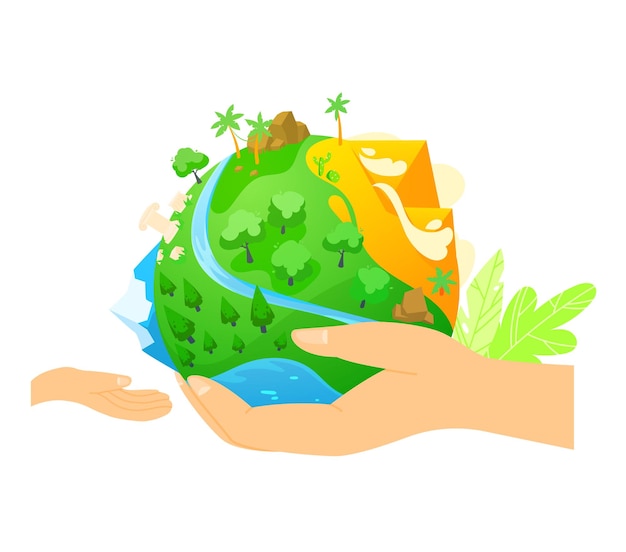 Hands holding a colorful globe with trees mountains and rivers environmental protection and planet