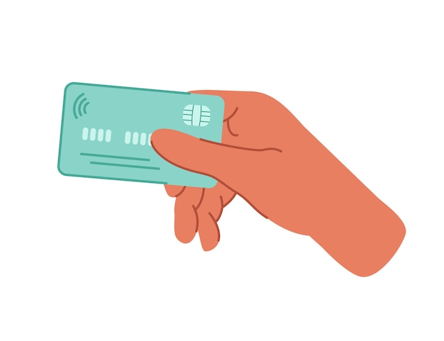 Vector hands holding a credit or debit card pay for purchases by card bank transfer