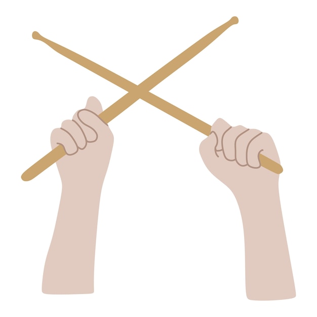 Vector hands holding crossed wooden drum sticks arms with drumsticks isolated on white background front view vector illustration in flat and cartoon style music instrument accessory for graphic design