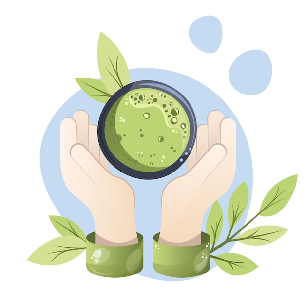 Hands holding a cup of traditional japanese matcha tea. asian food, healthy drinks, green tea