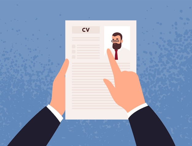 Vector hands holding cv or curriculum vitae of candidate or applicant.