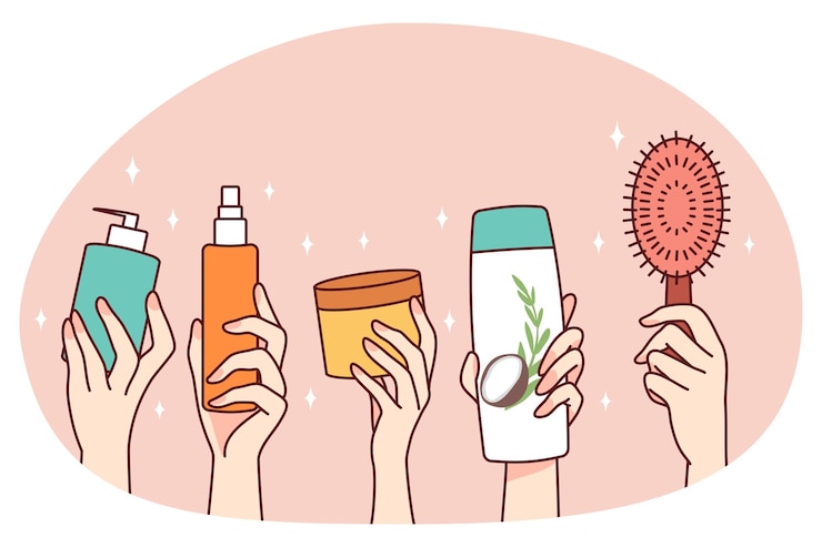 Vector hands holding diverse cosmetic bottle