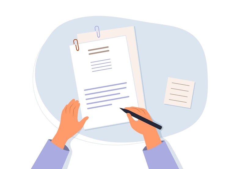 Vector hands holding a document and a pen survey quiz todo list or deal concept