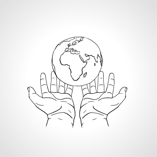 Vettore mani che tengono la terra due palme tengono il globo concetto di ambiente schizzo disegnato a mano