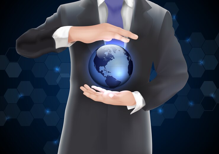 Vector hands holding earth with blue of background on blue and black