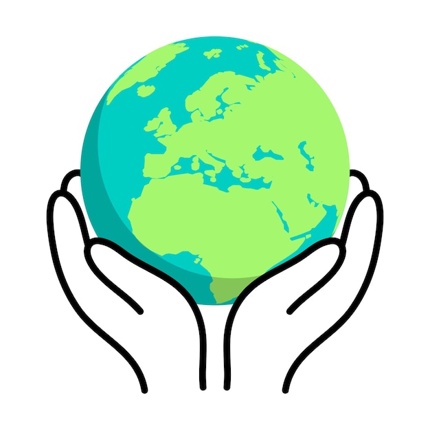 Vector hands holding the earth with the globe in black outline