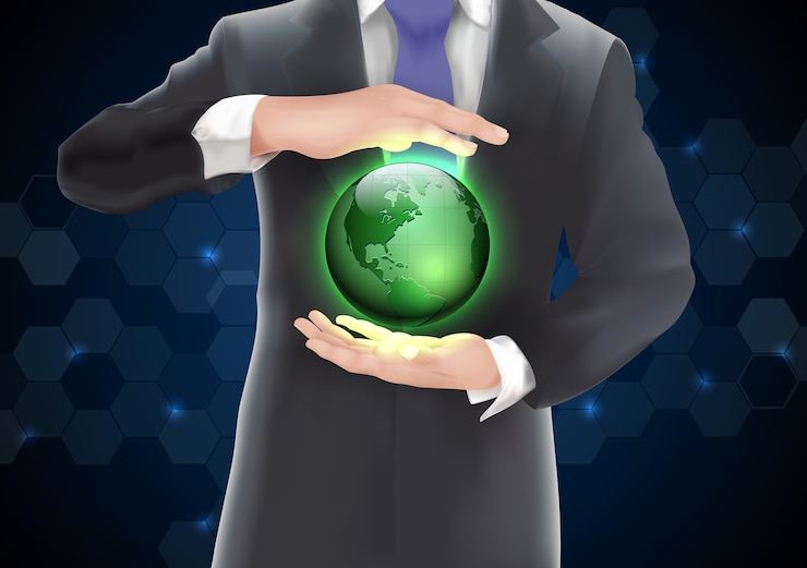 Vector hands holding earth with green of background on blue and black