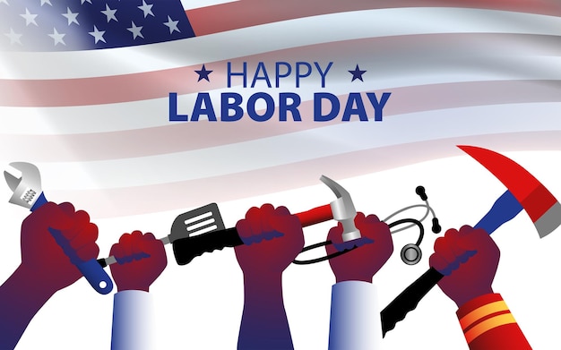 Le mani che tengono attrezzature e strumenti rappresentano varie occupazioni per il poster dell'america labor day o l'illustrazione vettoriale del modello di biglietto di auguri