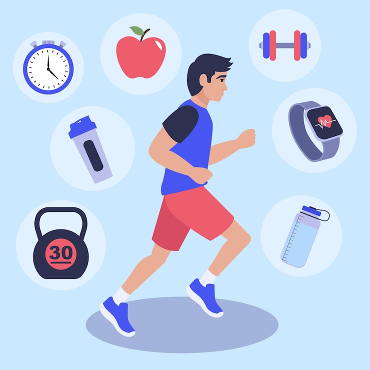 Vector hands holding fitness items promoting healthy lifestyle and wellness