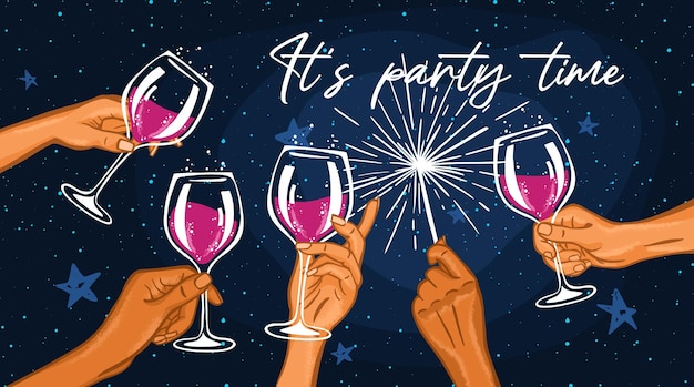 Vector hands holding glasses with a drink congratulation party holiday wine and sparkler