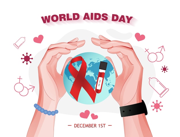 Vettore mani che tengono il globo con il test dell'hiv e il simbolo del nastro della giornata mondiale contro l'aids