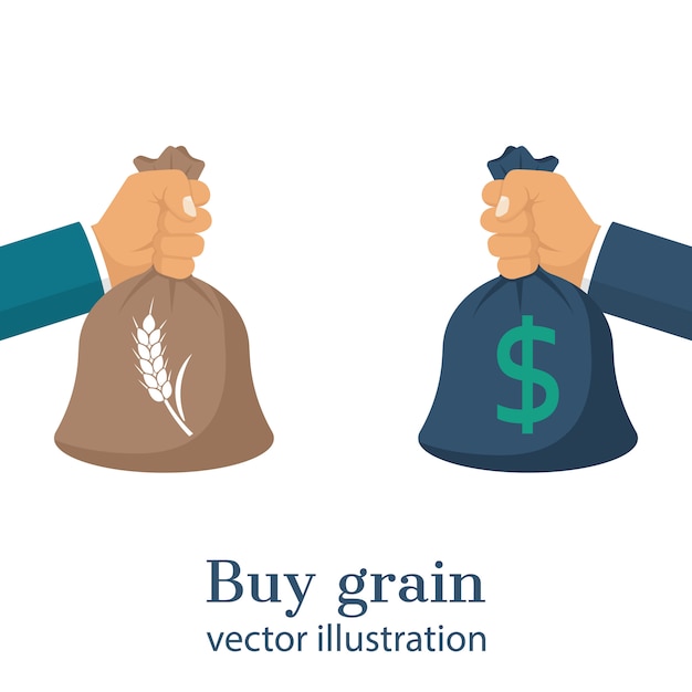 穀物とお金の袋を持っている手