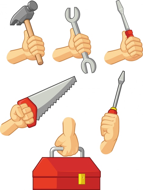 Vettore mani che tengono martello, cacciavite, chiave inglese, sega e cassetta degli attrezzi