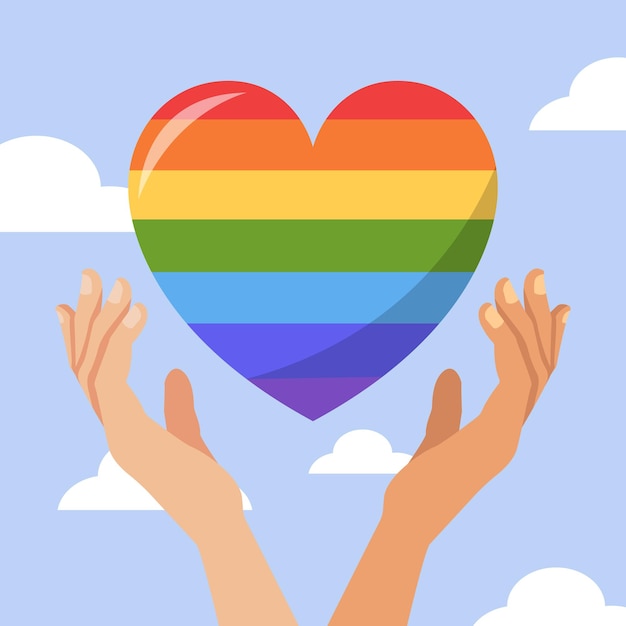 Hands holding a heart with the rainbow flag on it.