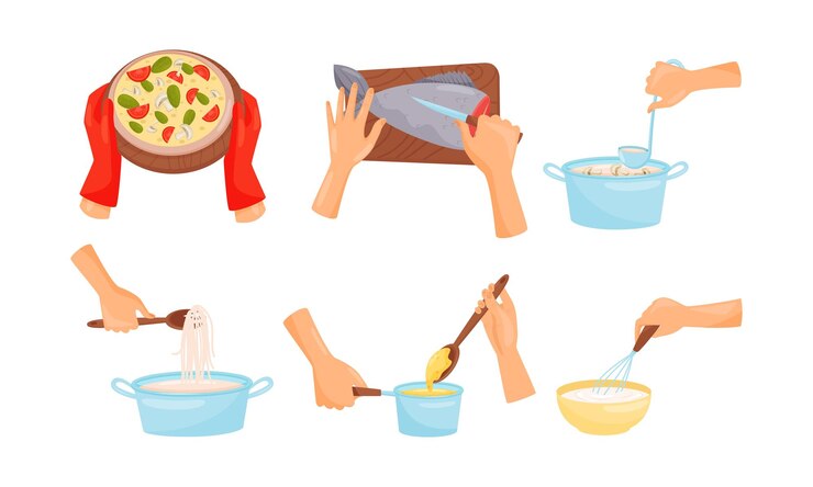 Vector hands holding kitchen items and cooking meal vector illustrations set