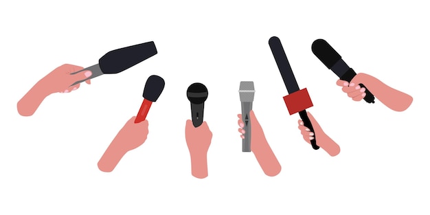 Hands holding microphone mass media reporters with mic recorder taking interview on live television press conference journalism concept vector on white background newsmen holding mic for broadcast