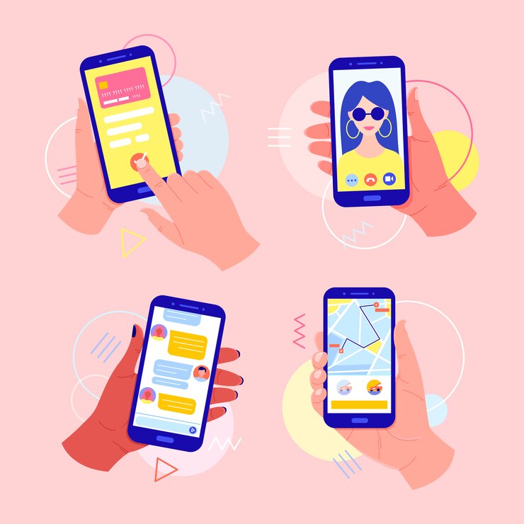 画面上のアプリケーションで携帯電話を持っている手：カードによるオンライン支払い、ビデオ通話、タクシー通話、メッセンジャーでのチャット。ビデオ通話のコンセプト。指で画面に触れます。