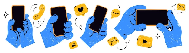 Вектор Руки, держащие мобильные телефоны с иконами социальных сетей