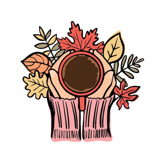 Hands holding mug against the background of autumn leaves Vector illustration of fall icon