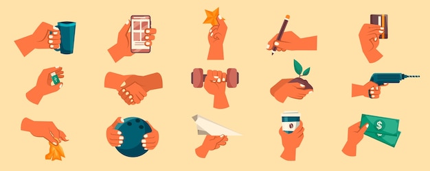 Vector hands holding objects in flat design