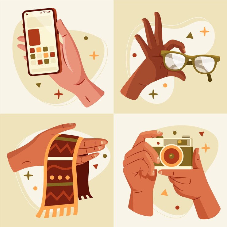 Vector hands holding objects illustration in flat design