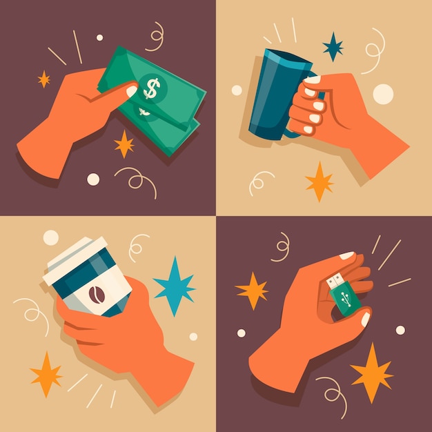 物体を握る手フラットデザインのイラスト