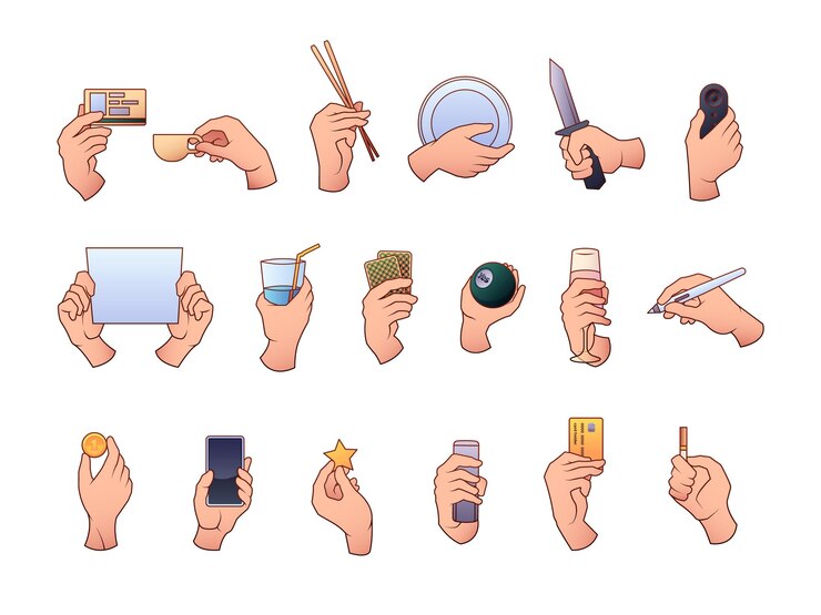 Vector hands holding objects modern human gestures cartoon style flat woman fingers with various items colorful doodle vector isolated set