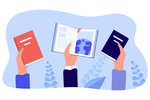 Hands holding open and closed books. people doing research or searching for solution, learning as key to wisdom,  flat vector illustration. literature, knowledge, education, motivation concept