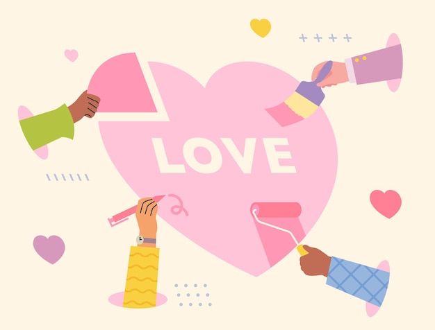 Vector hands holding painting tools are making a heart together. flat design style vector illustration.