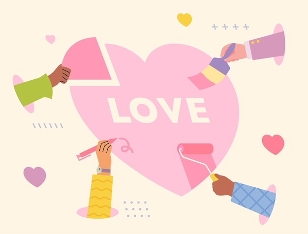 Vector hands holding painting tools are making a heart together. flat design style vector illustration.