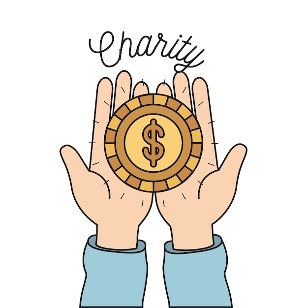 Vector hands holding in palms a golden coin charity symbol