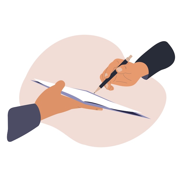 Vector hands holding a pen and signing a document