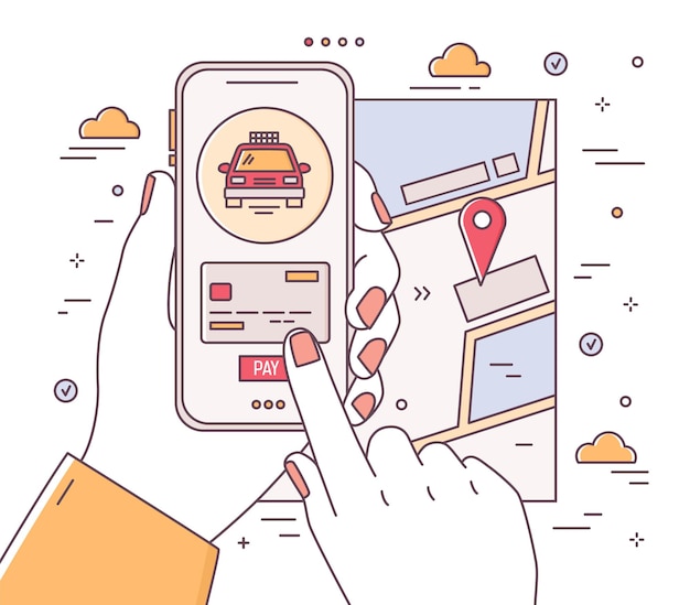 Mani che tengono il telefono ed effettuare il pagamento, mappa della città con contrassegno di posizione