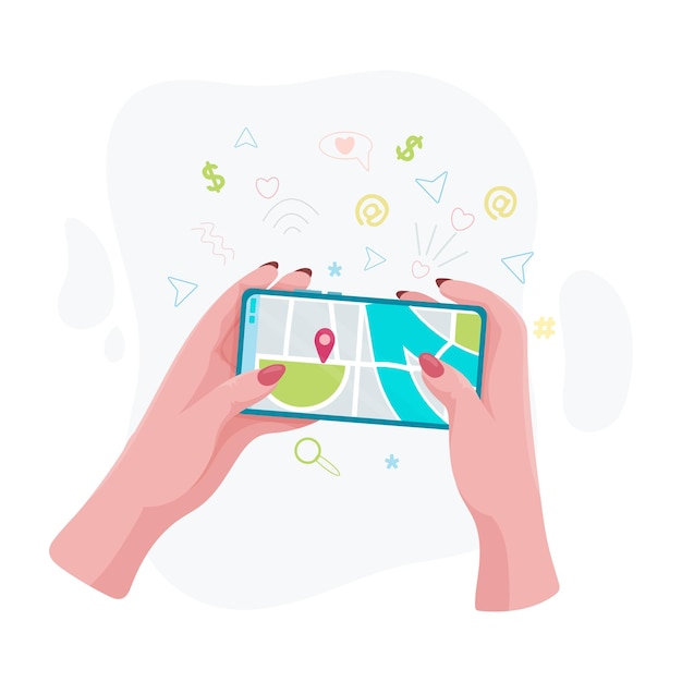 Hands holding a phone or tablet phone with map and marker mobile gps navigation and path tracking concept the woman is holding a phone in her hand vector illustration