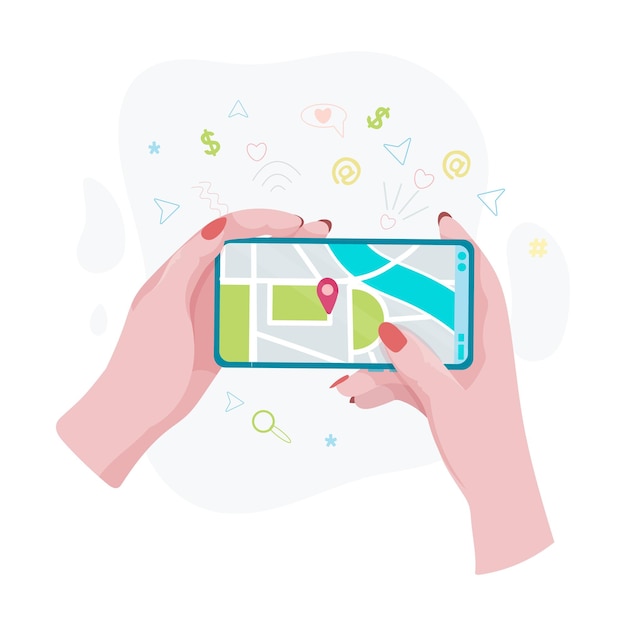 Hands holding a phone or tablet phone with map and marker mobile gps navigation and path tracking concept the woman is holding a phone in her hand vector illustration